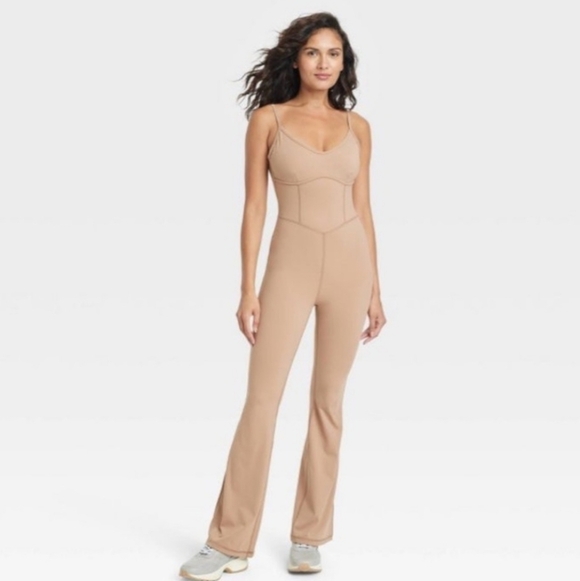 JoyLab Pants - JoyLab Flare Long Bodysuit Slim Fit Light Brown